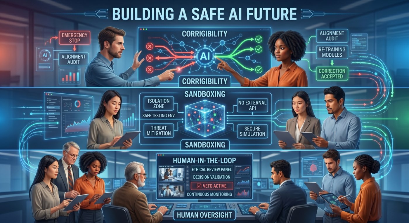 How to Keep AI Safe: Corrigibility, Sandboxing, and Human Oversight